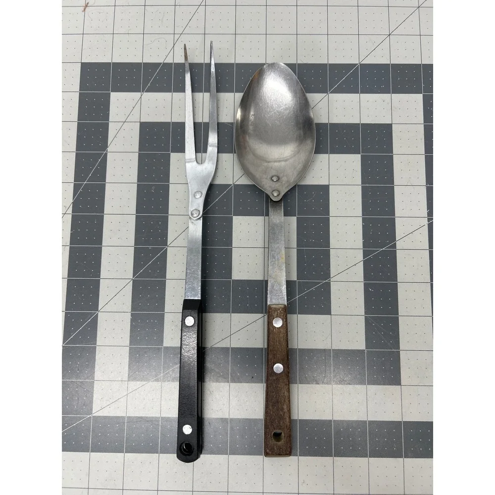 Vintage Serving Utensils Spoon Fork Stainless Steel‎ Riveted Japan Set 2pc